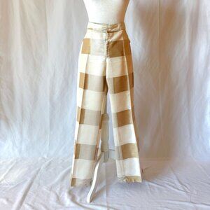 Shantung High-Waisted Classic Checkered Trousers – Beige & Ivory Satin Finish
